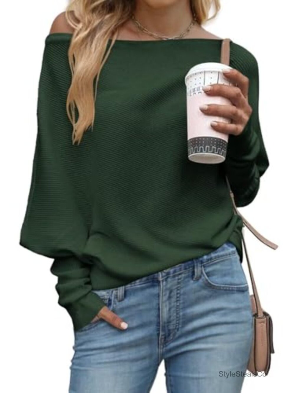 Off Shoulder Batwing Long Sleeve Knit Sweater Oversize Pullover
